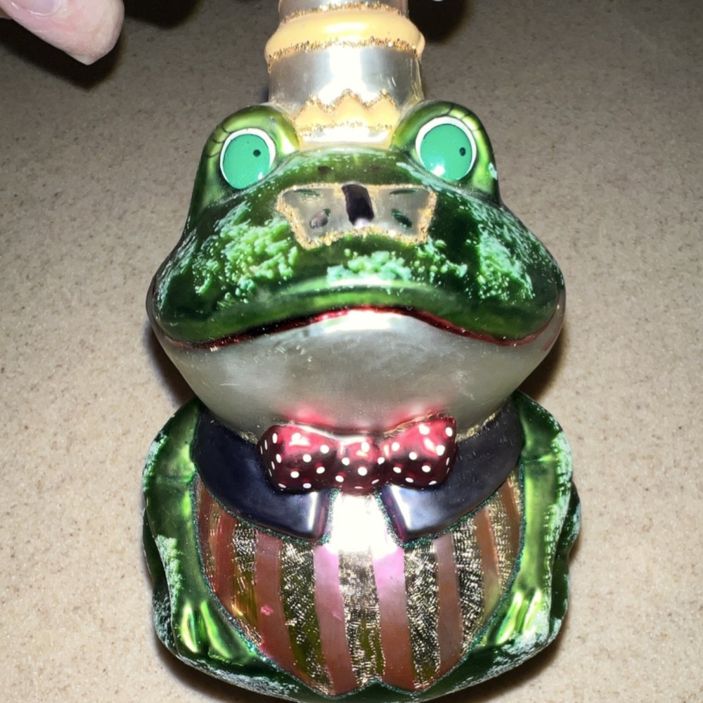 Vintage Poland Glass Frog Prince Christmas Ornament Bow Tie Crown Glitter Green